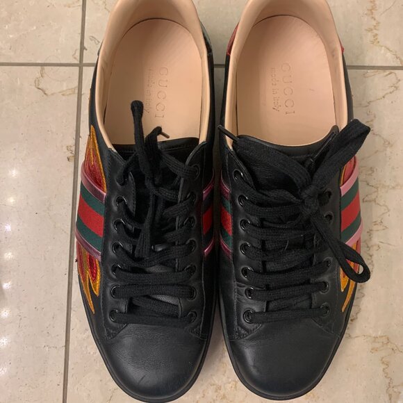 Gucci men's black flame detail Ace sneaker size 8.5 US - Picture 1 of 6
